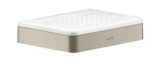 Seifenschale oder Ablage in gebürstetem Nickel, mit weißem oberen Teil und durchlöcherter Oberfläche, von der Marke AXOR.